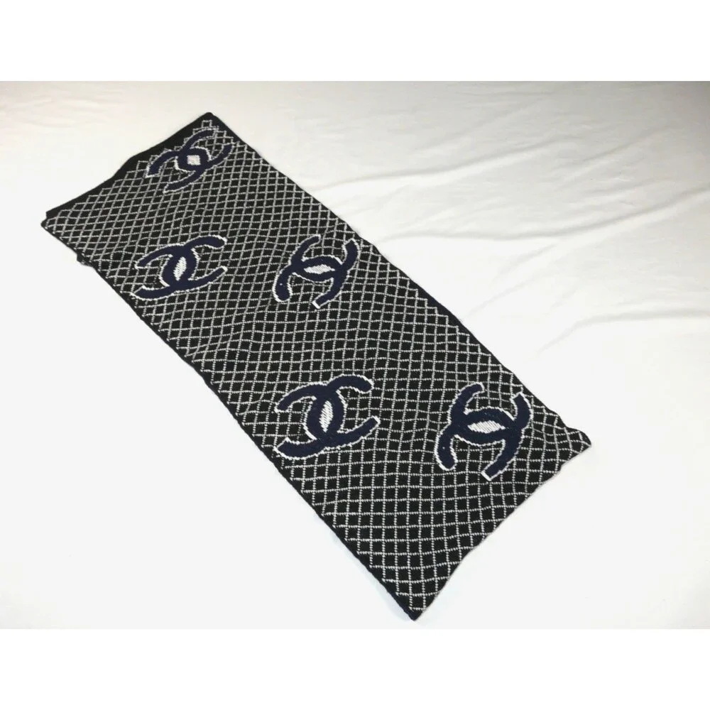 Chanel Cashmere & Silk Logo Allover Scarf Shawl Stole Blue Black White 60